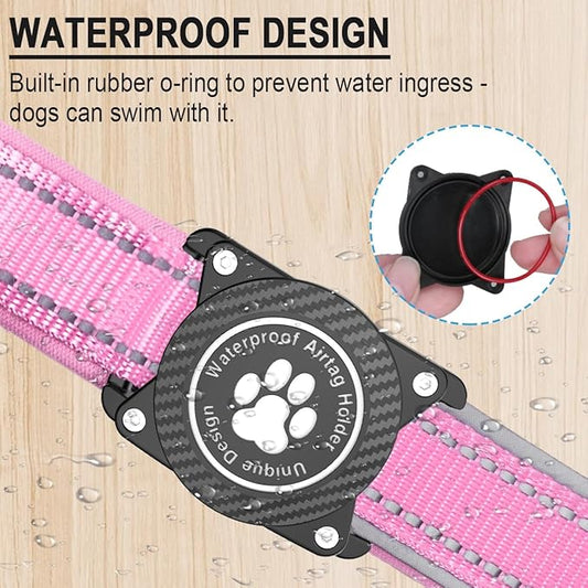Airtag Dog Collar with Waterproof Air Tag Holder, Luminous Reflective, Soft Padded, Adjustable Nylon Pet Collar for Small Medium Large Heavy Duty Dogs,Pink, L