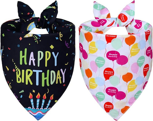 Dog Birthday Bandanas, 2-Pack Reversible 4 Patterns for Small Dogs - Black Boy & White Girl Birthday Scarf, Party Outfit Gift for Pups (9-14" Neck)
