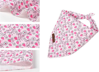 Lionet Paws Spring Strawberry Bow Dog Bandana Washable Cotton Handkerchief Scarf Triangle Pink Bandana for Small Medium Large Dogs Girl Boy