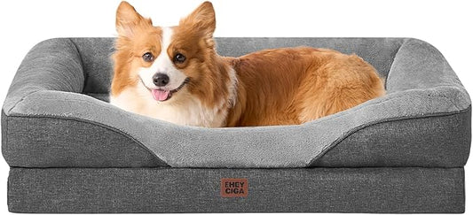 EHEYCIGA Orthopedic Dog Bed for Medium Dog, 35x22x6.5 Inch Memory Foam Dog Couch Bed with Sides, Waterproof Liner & Washable Removable Cover, Bolster Pet Sofa, Grey