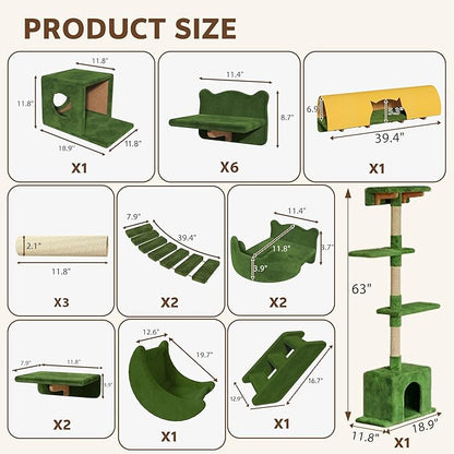 20-in-1 Cat Wall Shelves, Wall Mounted Cat Furniture w/Plush Fabric, Cat Climbing Wall System, 63''H Cat Tower w/Scratching Posts, Cats Shelf with 40''L Tunnel, Condos, House, Step and Ladder