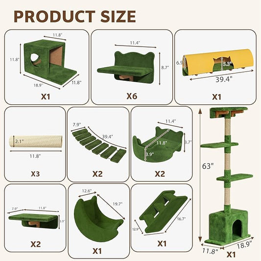 20-in-1 Cat Wall Shelves, Wall Mounted Cat Furniture w/Plush Fabric, Cat Climbing Wall System, 63''H Cat Tower w/Scratching Posts, Cats Shelf with 40''L Tunnel, Condos, House, Step and Ladder