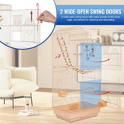 FDW 39 Inch Bird Cage Parakeet Cage with Play Top Rolling Stand & Easy Clean Pull-Out Tray Roof Top Parrot Cage for for Finches Canaries Parakeets Cockatiels & Other Small Birds, Almond