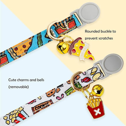Faygarsle 2 Pack Breakaway Cat Collar with Bells for Female Malel Cats Cute Blue White Collar with Pizza Fries Charm for Cats