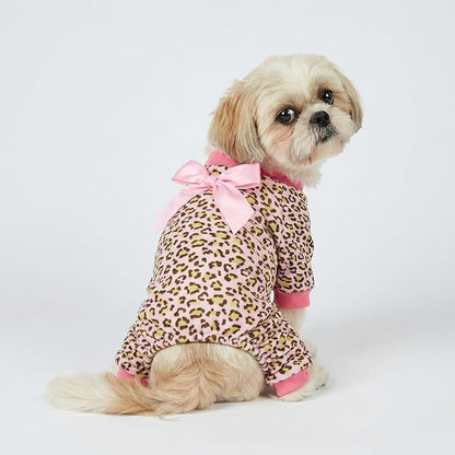 Fitwarm Leopard Dog Pajamas, Fleece Dog Clothes for Small Dogs Girl with Legs, Pet Onesie, Cat Outfit, Pink, Small
