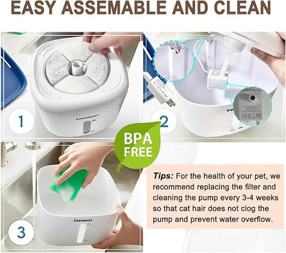Cat Water Fountain 2.2L with 3 Filters and 1 Mat, Dual Flow Modes Dog Water Fountain with Ultra Silent and Auto Stopping for Small Kitty Cats and Dogs - White