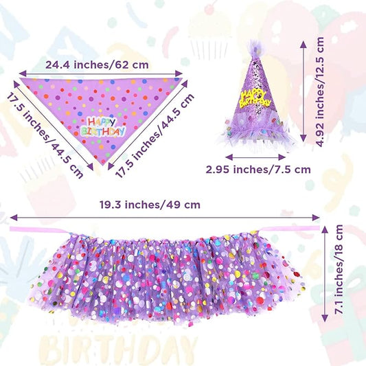 Dog Birthday Bandana with Hat and Dress Girl Set Puppy Birthday Party Supplies Cute Tutu Skirt Outfit for Small Medium Large Dogs Decorations(Purple)