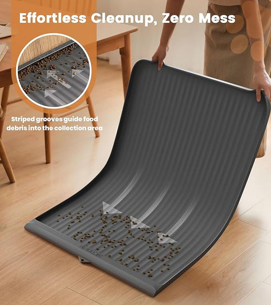 Dog Food Mat 36"x24", Waterproof Pet Feeding Mat with Diversion Grooves and Raised Edges, Large Non-Slip Dog Bowl Mat for Food and Water, Cat Food Mat for Floors, Easy to Clean, Grey