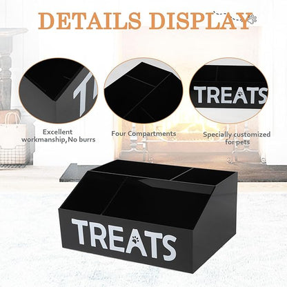 Dog Treat Organizer,4 Compartments Dog Treat Station, Trapezoid Dog Treat Container for Countertop, Cat Treat Storage Bin, Ideal for Dog Cat Bagged Snack or Can Food-Black