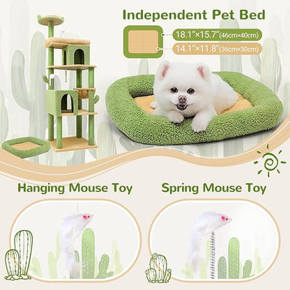 Globlazer Heavy Duty Cactus Cat Tree for Large Cats, Sturdy 72in Maine Coon Cat Tree for Large 20 lbs+ Cactus Cat Tower for Adult Biggest Cats with 6 Scratching Posts, Hammock, S72, Green