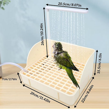 Automatic Bird Bath with Pump, Parrot Bathtub with Anti-Bite Cord Protector, USB Electric Large Bird Bathtub Circulating Water Bird Shower for Parakeet Cockatiel African Grey Lovebird(Beige)