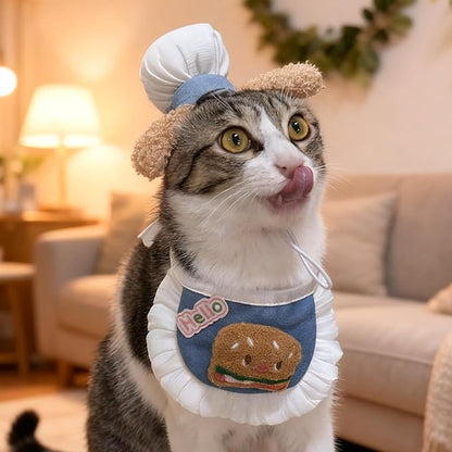 HOWWFALY Cat Halloween Costumes Pet Chef Hat &Hamburger Bib Costume Set, Funny Holiday Cooking Outfit for Small Medium Cats Pets