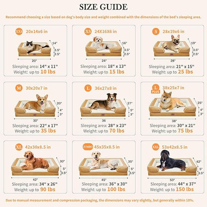 Comfort Expression Orthopedic Dog Bed for Large Dogs 38x25 Inch, Waterproof Supportive Egg Crate Foam Large Pet Bed with Removable Bolsters, Dog Couch with Washable Cover & Non-Slip Bottom, Caramel