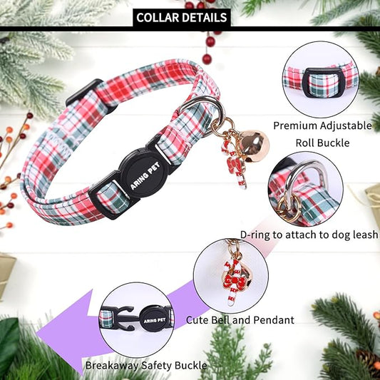 ARING PET 2 Pack Cat Collar, Christmas Breakaway Kitten Small Collars with Bells for Girl Boy Cats-Red Green Pink Plaid & Santa Claus