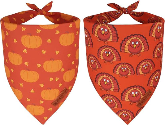 ADOGGYGO Thanksgiving Dog Bandanas 2 Pack, Reversible Pumpkin Turkey Pet Scarf, Premium Fabric, Adjustable Fit Orange Thanksgiving Bandanas for Extra Large Dogs (X-Large)