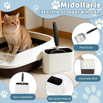 Heavy-Duty Cat Litter Scoop with Holder, Metal Cat Scooper and Detachable Trash Can,Aluminum Kitty Poop Shovel Captures All Clumps,Speed Sifter Litter Box Scooper and Caddy with Lid(White)
