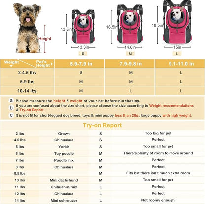 WOYYHO Pet Dog Carrier Backpack Small Dog Front Backpack Ventilated Dog Carrier Back Pack with Storage Pockets, Adjustable Straps & Safety Belt for Travel Hiking Outdoor (Size L: 10-14 lbs, Rose)
