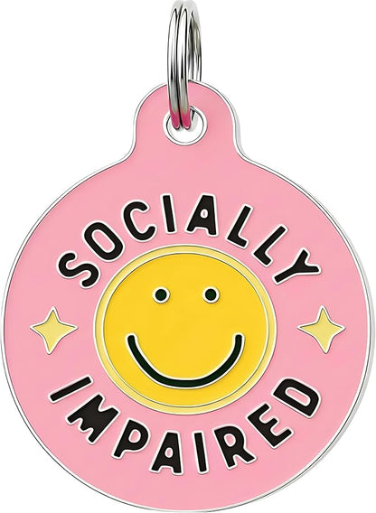 Bad Tags Personalized Dog and Cat ID Tags in 25+ Designs and 2 Sizes - 5 Lines of Custom Engraved Text - Funny Cute Personalized Pet Tags (Socially Impaired - Pink, Large (1.25 inch))