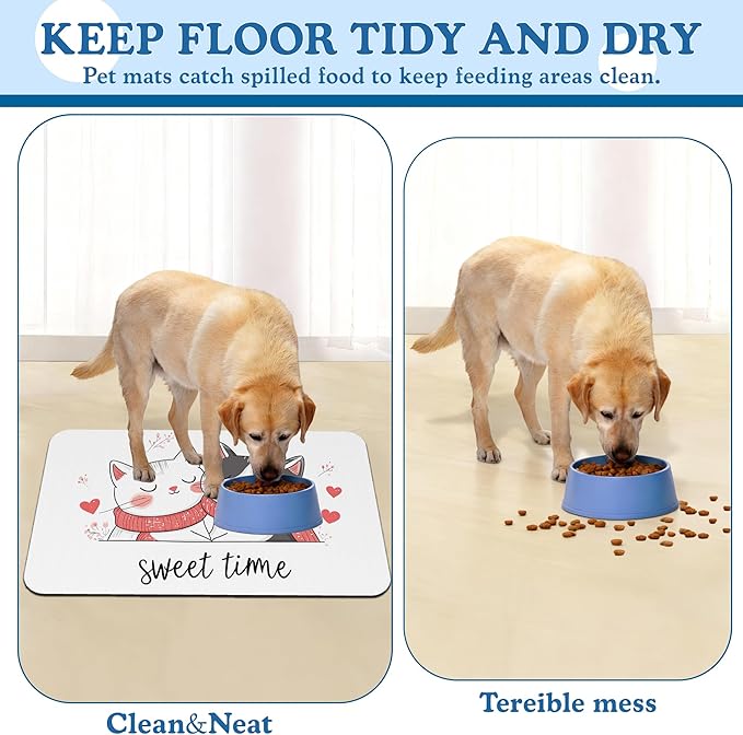 Sweet Cat Lovers Dog Cat Food Mat–Christmas Stocking Absorbent Waterproof Placemat for Food and Water Bowls, Non Slip Rubber Backing, Feeding Mat for Clean Floors 16"x24"