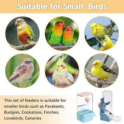 BNOSDM Automatic Bird Feeder Water Dispenser Set No Mess Bird Cage Feeders Parrot Cage Accessories Transparent Seed Food Container with Perch for Finches Parakeets Budgies Lovebirds Canaries (Blue)