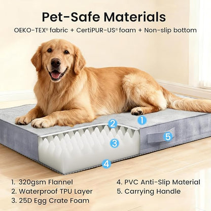 OhGeni Orthopedic Waterproof Dog Bed for Large Dogs, Machine-Washable Removable Cover in Easy-Clean Fabric, High Density Foam & Easy-Carry Handle, Suitable for Crate, 41 inch (Gray)