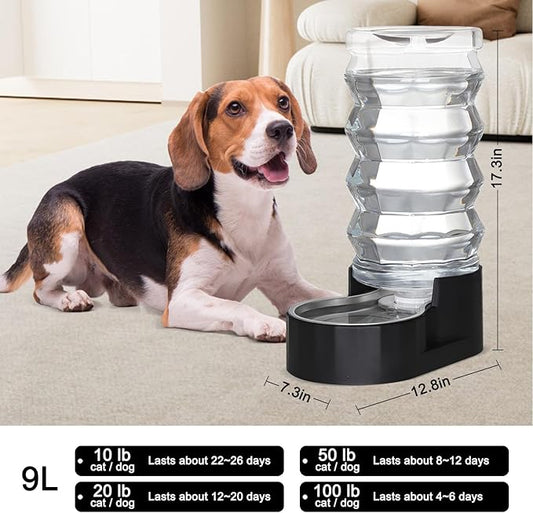 RIZZARI Large Dog Water Dispenser: 9L Black 304 Stainless Steel Gravity Feeder with Filter- Detachable Bowl -Spill-Proof - for Active Large Dog Owners & Multi-Pet Households - Home Garage Balcony