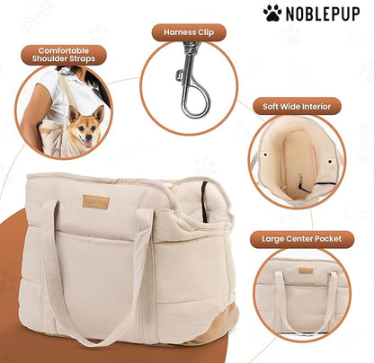 NoblePup Plush Dog Purse Carrier for Small Dogs, Soft Tote Bag with Safety Harness Clip, Cozy Pet Carrier for Dogs Under 15 lbs, Comfortable Dog Shoulder Carrier for Travel, White 2.0