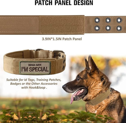 Tactical Dog Collar Military Adjustable Dog Collars Soft Nylon Training Collar with Patch Heavy Duty Metal Buckle Collars for Medium Large Dogs (Brown, L)