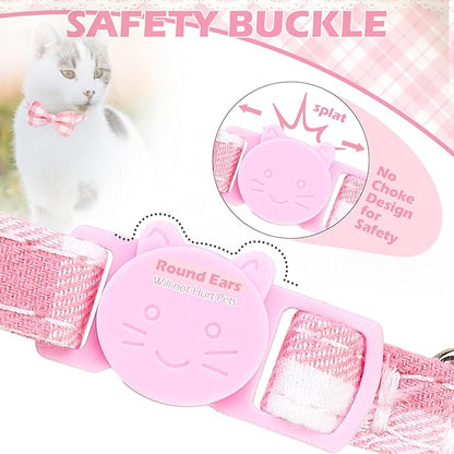 EXPAWLORER Cute Cat Collar Breakaway with Bells - 2 Pack Adjustable Plaid Pet Collar with Removable Bow Tie and Bandana, Safety Buckle for Girl Boy Cats Kitten, Pink Plaid
