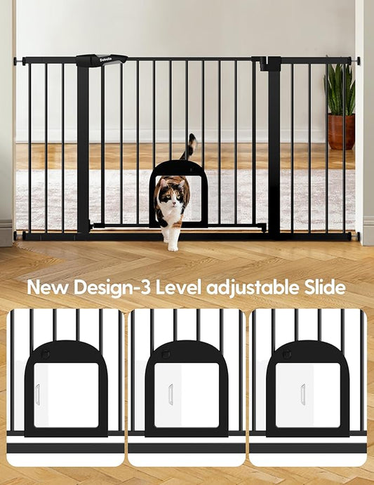 Babelio 36.5-57" Extra Wide Baby Gate with Cat Door, CatPrivilege Ⅲ, Auto Close & Two Way Swing, Pressure Mounted Dog Gates for Stairs, Doorways, Includes 4 Wall Cups and 3 Extension Pieces, Black