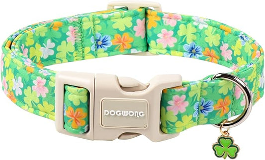 DOGWONG St. Patrick Dog Collar, Comfortable Adjustable Green Clover Pattern Dog Collar for Meidum Large Male Female Dogs,M