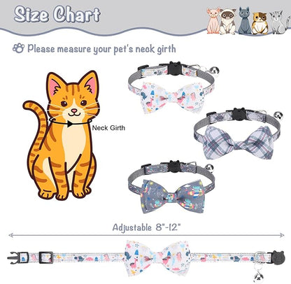 Breakaway Cat Collar with Removable Bow Tie and Bell, Cute Multi-Style Patterns, 3 Pack Safety Buckle Kitten Collars, Adjustable Pet Collar for Boy Cats Puppy (Gray)