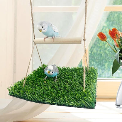 FlidRunest Bird Swing Mat with Wood Perch, Lawn Swing Hammock for Parrot, Simulated Grass Bird Swing Mat Hanging Climbing Hammock for Parakeet, Budgie, Conure, Cockatiel, Lovebird, Canary