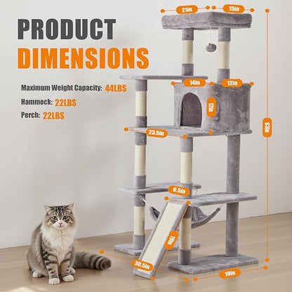 DUMOS Large 63in Cat Tree Tower, Multi Level Cat Climbing Tower with Condo, Natural Sisal Scratching Posts, Extended Platform, Hammock, Pet House for Indoor Cats and Kittens Play, Light Grey