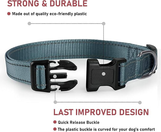 Reflective Dog Collar with Buckle Adjustable Safety Nylon Collars for Small Medium Large Dogs, Grey L