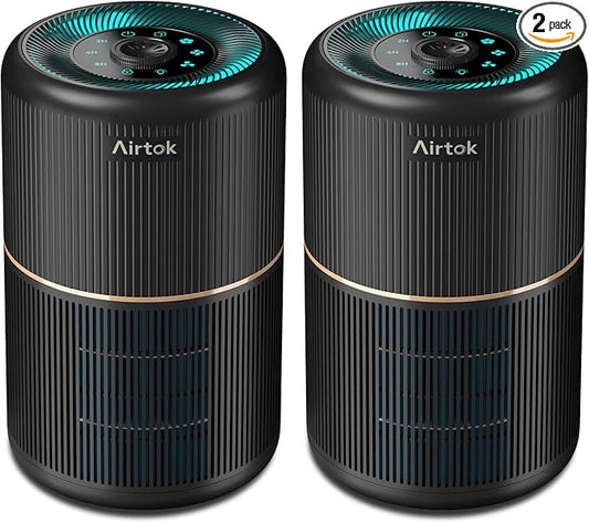 AIRTOK 2 Pack Air Purifier for Home Bedroom, Office Desktop Air Cleaners with 12pcs Fragrance Sponge, H13 HEPA Filter, 4 Stage Filtration up to 376 sqft Black Available for California