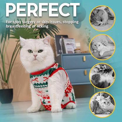 Avont Cat Recovery Suit - Kitten Onesie for Cats After Surgery, Cone of Shame Alternative Surgical Spay Suit for Female Cat, Post-Surgery or Skin Diseases Protection -Christmas(S)