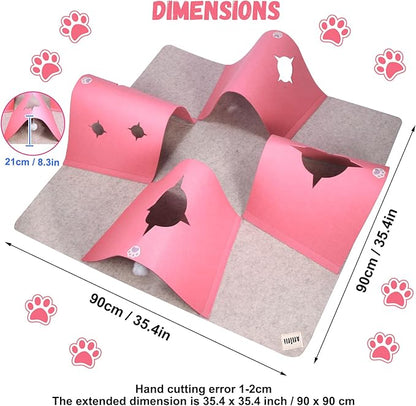 Interactive Cat Tunnel Mat for Indoor Cats, 4-Way Felt Cat Cave with Hanging Ball, Foldable Kitty Play Mat and Hideout, Pet Enrichment Toy for Kittens Rabbits Small Pets, Pink