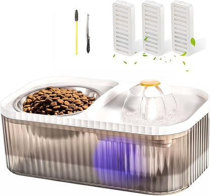 Marchul Cat Water Fountain and Stainless Steel Food Bowl, 100oz/3L Super Quiet Automatic Pet Water Dispenser with Smart Pump and 3 Replacement Filters for Cats and Small Dogs, White