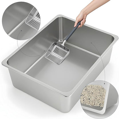 Kirecoo Stainless Steel Cat Litter Box, Small Metal High Sided Cat Pan Box, Indoor Litter Tray, Non Stick, No Smell, Easy to Clean, Pet Toilet Supplies for Cats