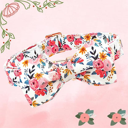 Lionheart glory Dog Collar Bow Collar Floral Dog Collar with Bow Tie Spring Summer Cute Collar Dog Boy or Girl Dog Collars Soft Durable Adjustable Dog Collars for Large Dogs