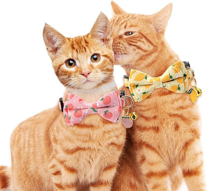 2 Pack Cotton Cat Collar with Bow Tie and Bell for Male Female Cats,Soft Fancy Breakaway Kitty Kitten Collar with Ghost& Pumpkin Patterned Design for Boy Girl Cats. (Peach&Lemon)