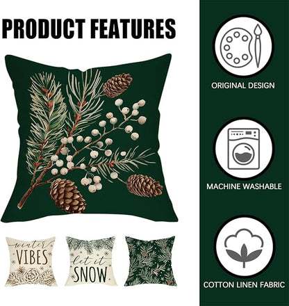 Fahrendom Winter Vibes Green Decorative Throw Pillow Covers 18 x 18 Set of 4, Let It Snow Pine Cones Needle Berry Porch Patio Outdoor Pillowcase, Christmas Seasonal Sofa Couch Cushion Case Home Decor