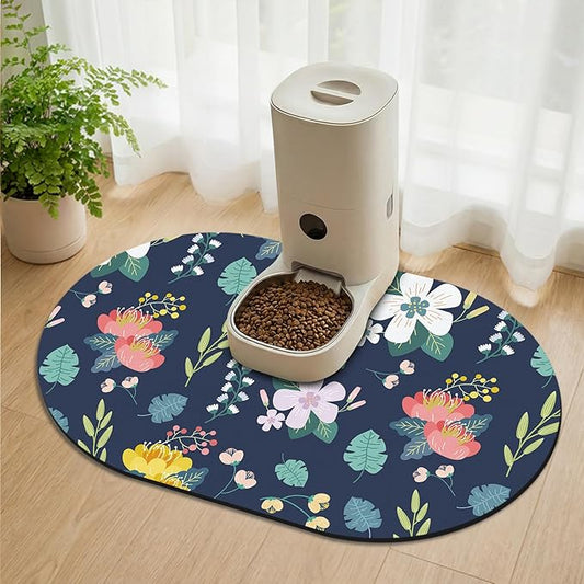 Large Absorbent Dog Mat for Food and Water 28''x17'', Easy Clean Cat Dog Water Bowl Mat, Non-Slip Pet Water Mat Protect Floor, Fit with Automatic Feeders and Double-Bowl, Dakr Blue Floral