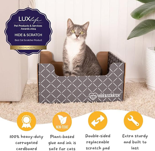 Hide & Scratch Cardboard Cat Scratcher Box & Bed - Dark Grey Diamond (2 Pack) | Double-Sided Corrugated Pad for Indoor Cats | Refillable Scratching Board Toy for Play & Furniture Protection