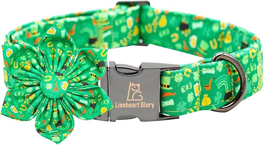Lionheart glory St. Patrick's Day Dog Collar with Flower Dog Collars for X-Large Dogs,Heavy Duty Green Collars Bows Lucky Clover Shamrock Pet Collar Flower Puppy