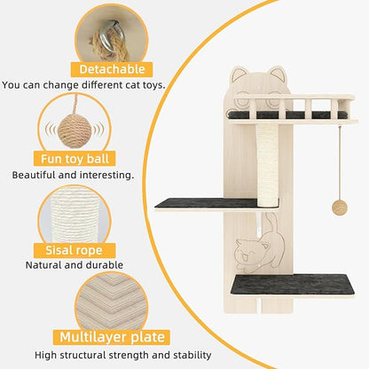 Cat Wall Shelves, 3 Platform Kitten Wall Furniture, DIY for Painting Cats Scratching Post with Sisal Scratching Post and Ball Toy