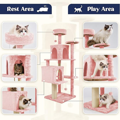 58.5inch Large Cat Tree Tower Condo for Indoor Cats, Soft Plush Multi-Level Climbing Tree Cat House with 1 360° Rotating Cat Cave, Scratching Post, More Entrance/Exit, Sisal Rope, Pink