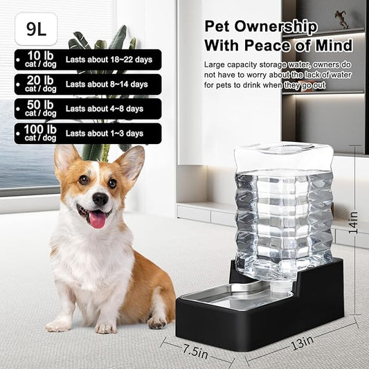 RIZZARI Stainless Steel Pet Water Feeder: 9L Large Gravity Leak-Proof Auto Refill Water Dispenser -Ideal for Multi-Pet Homes- Anti-Tip Base -No Filter- Easy Clean - for 30-60 LB Dogs- Home/Garage