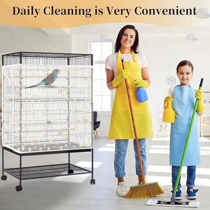 Daoeny Bird Cage Seed Catcher, Large Bird Cage Cover, Adjustable Soft Airy Nylon Mesh Net, Birdcage Cover Skirt Seed Guard for Parrot Parakeet Macaw African Round Square Cages (White, Daisy Design)